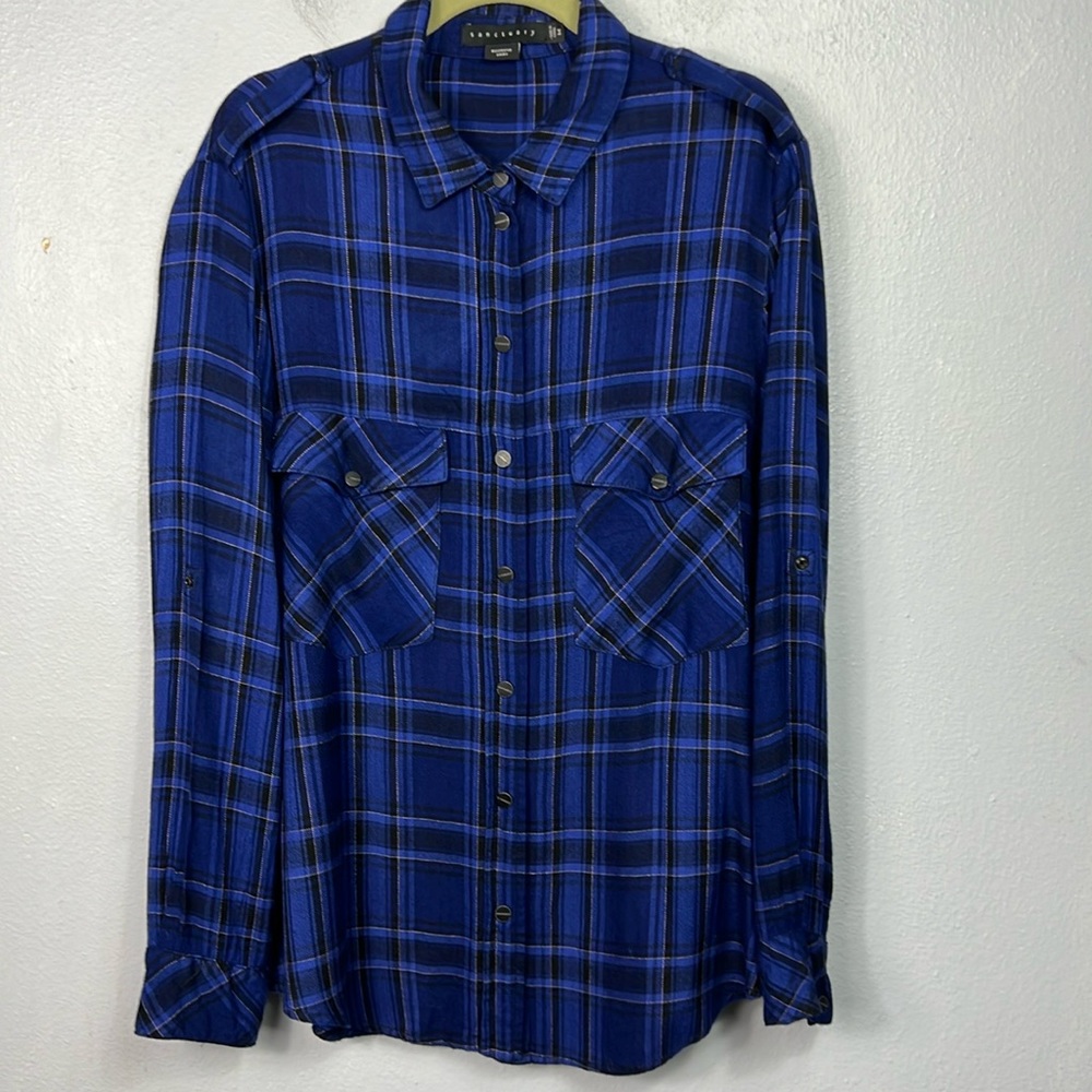 Sanctuary Boyfriend Blue & Black Plaid Snap Front LS  Tab Sleeve Shirt Medium